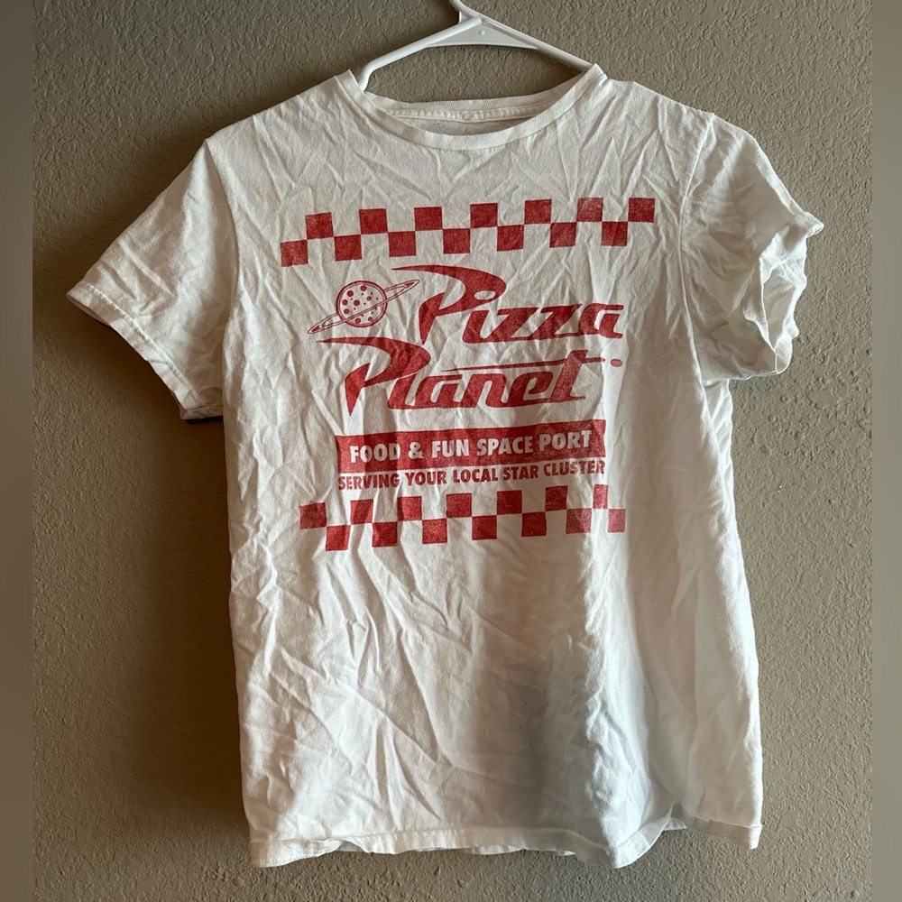 toy story, pizza, planet graphic, white T-shirt